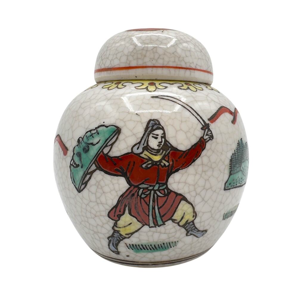 Vintage Chinese Warrior Porcelain Ginger Jar Crackle Glaze Small Vase